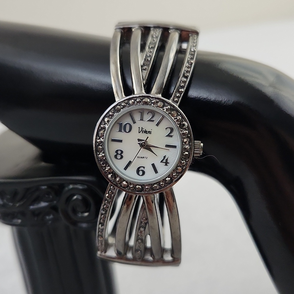 Vivani Silver Tone Rhinestone Cuff Bracelet Watch Working Quartz Dress Watch